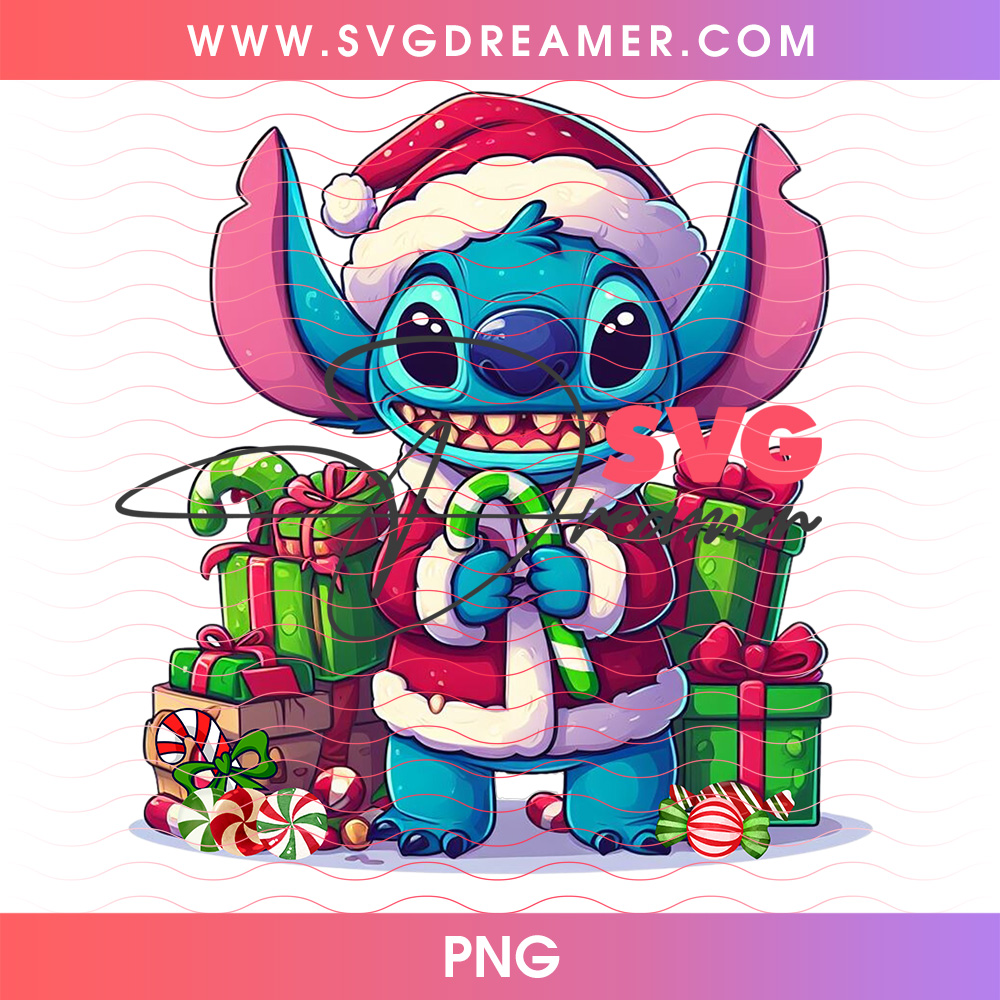 Christmas Stitch Santa Outfit Holding Candy Cane Gifts PNG Shirt Design 2 Christmas Stitch Santa Outfit Holding Candy Cane Gifts PNG Shirt Design