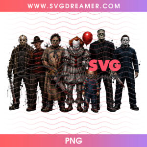 Classic Horror Movie Slashers Full Body Lineup Squad Gathering PNG, Leatherface Freddy Jason Pennywise Chucky Michael PNG Shirt Design