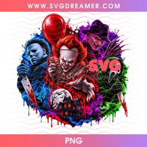 Classic Horror Movie Slashers Squad Bloody Splatter PNG, Michael Myers Pennywise Freddy Ghostface PNG Shirt Design