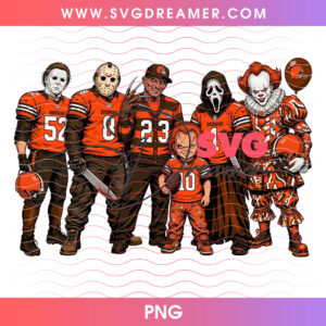 Cleveland Browns Football Horror Movie Slasher Squad PNG, Halloween Game Day Browns Chucky Michael Freddy Jason PNG Shirt Design