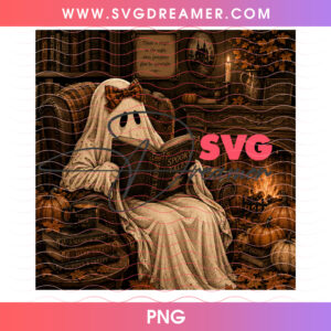 Cozy Autumn Ghost Reading Spooky Tales Antique Hearthside PNG, Fireplace Warm Library Jack O Lanterns Fall Night PNG Shirt Design
