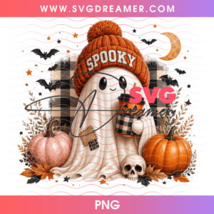 Cozy Spooky Ghost Beanie Toque Iced Coffee Forest Pumpkins PNG, Cute Autumn Ghost Fall Season Coffee Lover PNG Shirt Design