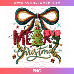 Crimson And Forest Knitted Merry Christmas Bow Tree PNG