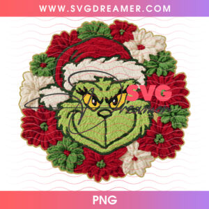 Crochet Grinch Face Christmas Poinsettia Wreath PNG