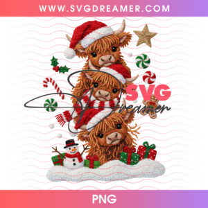 Crochet Highland Cow Stack Christmas Santa Hat PNG
