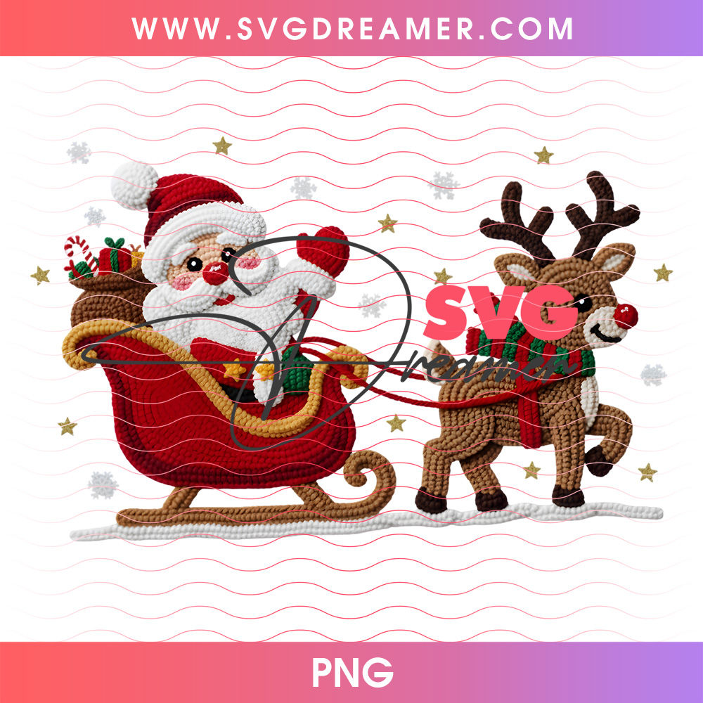 Crochet Santa Claus In Sleigh With Reindeer Christmas PNG 2 Crochet Santa Claus In Sleigh With Reindeer Christmas PNG