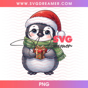 Cute Baby Penguin Santa Hat Green Scarf Holiday Present PNG, Adorable Winter Wonderland Animal PNG Shirt Design
