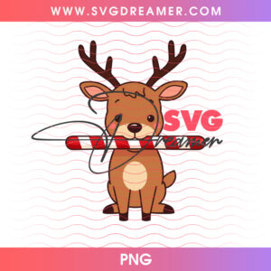 Cute Baby Reindeer Biting Peppermint Candy Cane PNG, Adorable Holiday Winter Fawn Woodland PNG Shirt Design