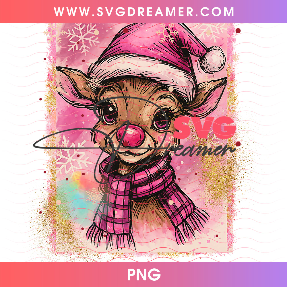 Cute Baby Reindeer Rudolph Pink Santa Hat Scarf Png PNG 2 Cute Baby Reindeer Rudolph Pink Santa Hat Scarf Png PNG