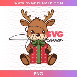Cute Baby Reindeer Sitting With Christmas Gift Box PNG, Adorable Holiday Woodland Animal PNG Shirt Design