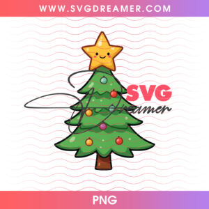 Cute Cartoon Christmas Tree Smiling Golden Star Topper PNG, Hand Drawn Holiday Evergreen Pine PNG Shirt Design