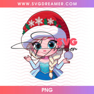 Cute Chibi Elsa Oversized Snowflake Santa Hat Waving PNG, Sweet Arendelle Winter Holiday PNG Shirt Design