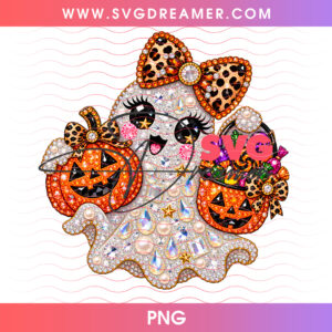 Cute Coquette Ghost Girl Cheetah Leopard Bow Rhinestones PNG, Sparkly Halloween Boo Basket Pearl Gemstones PNG Shirt Design