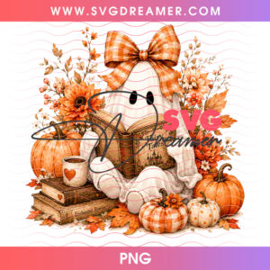 Cute Ghost Fairy Tales Book Orange Plaid Bow Tea And Pumpkins PNG, Cozy Cottagecore Autumn Fall Reading Bookworm Ghost PNG Shirt Design