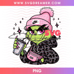 Cute Grinch In Pink Beanie Cheetah Puffer Png PNG