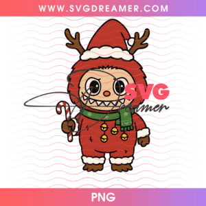 Cute Labubu Reindeer Christmas Monster PNG, Holiday Labubu In Santa Costume Candy Cane PNG Shirt Design