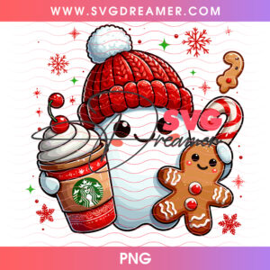 Cute Marshmallow Snowman Hot Chocolate Coffee Cup PNG, Sweet Winter Gingerbread Man Holiday PNG Shirt Design