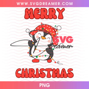 Cute Penguin Tangled In Christmas Lights Polka Dot Beanie PNG, Merry Christmas Holiday Winter Animal PNG Shirt Design