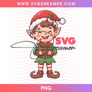 Cute Santa Elf Boy Green Holiday Tunic Striped Stockings PNG, North Pole Christmas Workshop Helper PNG Shirt Design