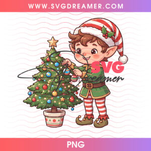 Cute Santa Elf Decorating Miniature Christmas Tree PNG, North Pole Holiday Tree Trimming PNG Shirt Design