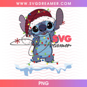 Cute Stitch Christmas Santa Hat Wrapped In Lights PNG, Lilo And Stitch Holiday Snow Winter PNG Shirt Design