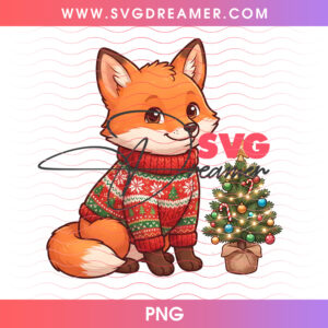 Cute Woodland Red Fox Knitted Christmas Sweater Tree PNG, Cozy Winter Forest Animal Holiday PNG Shirt Design