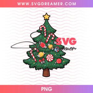 Decorated Evergreen Christmas Tree Peppermint Candies Star PNG, Festive Winter Holiday Pine Tree PNG Shirt Design