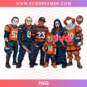 Denver Broncos Football Horror Movie Slasher Squad PNG, Halloween Game Day Broncos Chucky Michael Freddy Jason PNG Shirt Design