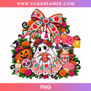Dia De Los Muertos Ghost Girl Sugar Skull Marigold Wreath PNG, Day Of The Dead Floral Pan Dulce Holiday PNG Shirt Design
