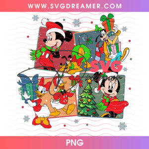 Disney Christmas 4 Box Comic Grid Presents And Tree PNG, Mickey And Friends Holiday Moments PNG Shirt Design