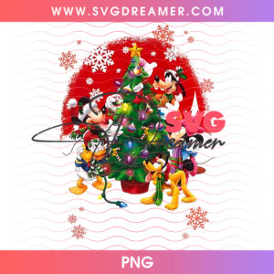 Disney Gang Around Decorated Christmas Tree PNG, Mickey Minnie Goofy Donald Festive Snowflakes PNG Shirt Design