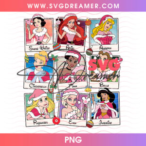 Disney Princesses Pink Christmas Polaroid Photos PNG, Retro Disney Princess Santa Holiday PNG Shirt Design