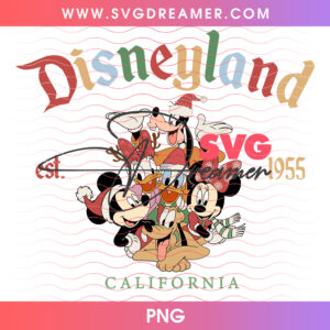 Disneyland Est 1955 California Mickey Friends Christmas PNG, Retro Disney Holiday Group Portrait PNG Shirt Design