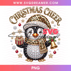 Festive Christmas Cheer Diamond Penguin In Leopard Hat PNG Shirt Design