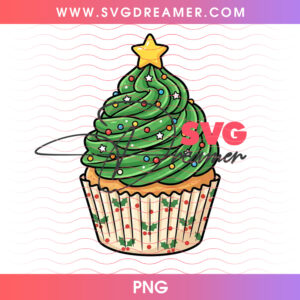 Festive Christmas Tree Cupcake Holly Leaves Pattern Wrapper PNG, Sweet Holiday Bakery Pastry Treat PNG Shirt Design