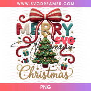 Festive Red And Teal Knitted Merry Christmas Tree Gifts PNG
