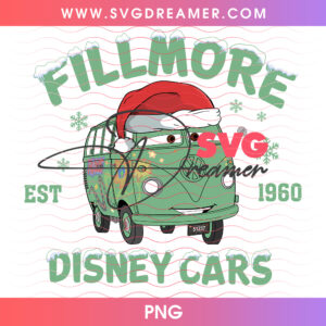 Fillmore Est 1960 Disney Cars Christmas Green VW Bus PNG, Radiator Springs Winter Peace Van PNG Shirt Design