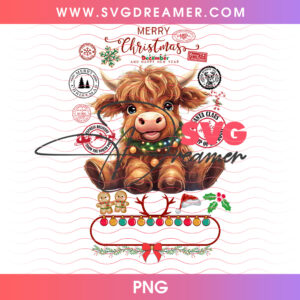 Fluffy Highland Cow Santa Hat Gingerbread Tag Png PNG