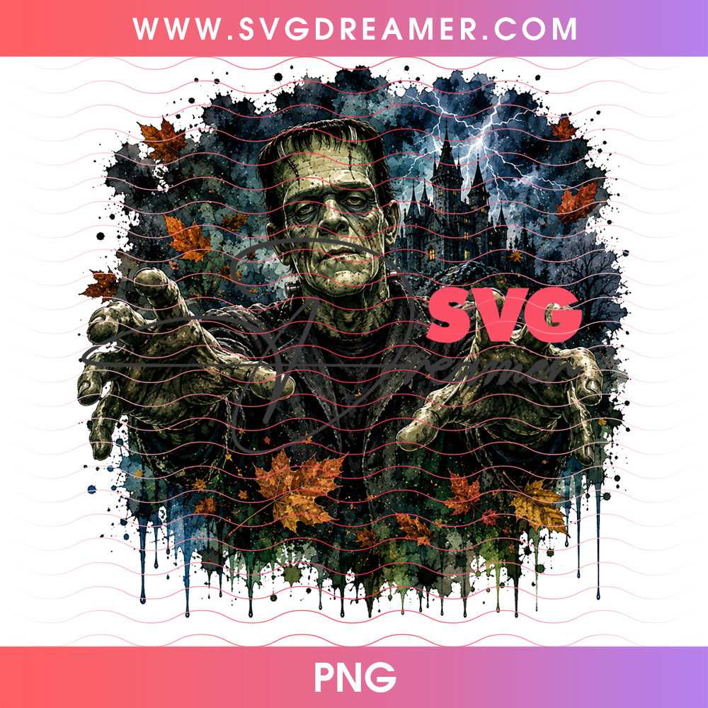 Frankenstein Monster Gothic Lightning Castle Autumn Leaves PNG, Classic Universal Monsters Spooky Laboratory Horror PNG Shirt Design 2 Frankenstein Monster Gothic Lightning Castle Autumn Leaves PNG, Classic Universal Monsters Spooky Laboratory Horror PNG Shirt Design