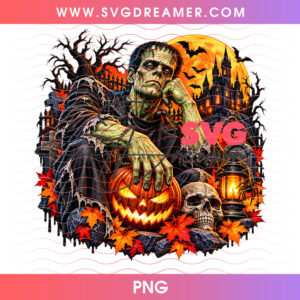 Frankenstein Monster Sitting On Log Glowing Jack O Lantern PNG, Classic Universal Monster Halloween Moon PNG Shirt Design