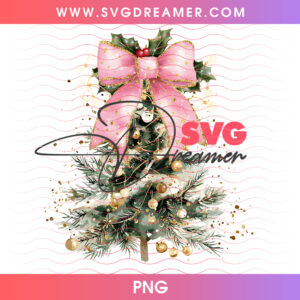 Frosted Evergreen Christmas Tree Pink Coquette Bow PNG, Sparkling Golden Glitter Holiday Pine PNG Shirt Design