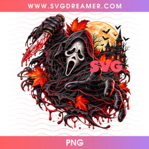 Ghostface Bloody Hunting Knife Autumn Leaves Splatter PNG, Scream Slasher Villain Full Harvest Moon PNG Shirt Design