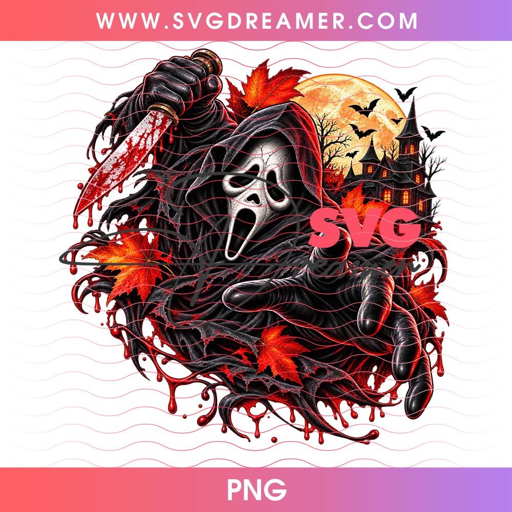 Ghostface Bloody Hunting Knife Autumn Leaves Splatter PNG, Scream Slasher Villain Full Harvest Moon PNG Shirt Design 2 Ghostface Bloody Hunting Knife Autumn Leaves Splatter PNG, Scream Slasher Villain Full Harvest Moon PNG Shirt Design