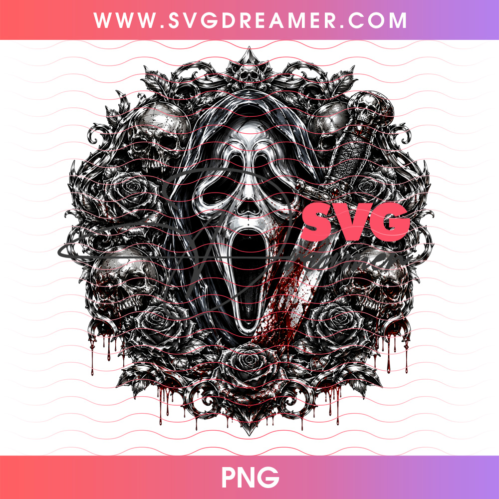 Ghostface Screaming Mask Black Roses Filigree Dagger Tattoo Art PNG, Gothic Slasher Woods Horror Movie Vintage Skull PNG Shirt Design 2 Ghostface Screaming Mask Black Roses Filigree Dagger Tattoo Art PNG, Gothic Slasher Woods Horror Movie Vintage Skull PNG Shirt Design