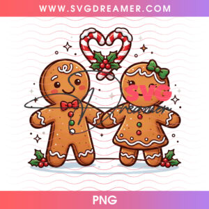 Gingerbread Boy And Girl Holding Hands Candy Cane Heart PNG, Sweet Holiday Cookie Sweethearts PNG Shirt Design