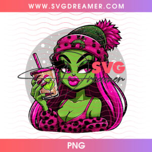 Glam Grinch Girl Hot Pink Hair Leopard Beanie Png PNG