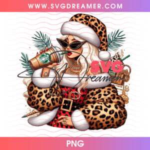 Glam Santa Girl Leopard Dress Sunglasses Iced Coffee PNG, Sassy Winter Holiday Fashionista PNG Shirt Design