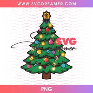 Glowing Decorated Christmas Tree Multicolored Baubles Star PNG, Festive Evergreen Winter Holiday Pine PNG Shirt Design