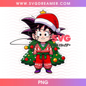 Goku Santa Hat Ugly Christmas Sweater Holiday Tree PNG, Dragon Ball Super Saiyan Winter PNG Shirt Design