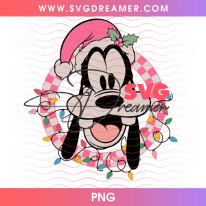 Goofy Pink Checkered Wreath Christmas PNG, Disney Goofy Santa Hat Holiday PNG Shirt Design
